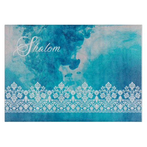 Shalom Lace Effect on Blue Challah Cutting Board