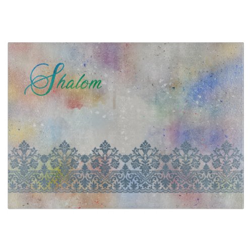 Shalom Lace Effect on Watercolor Glass Challah Cutting Board
