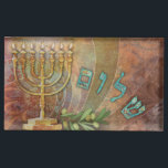 Shalom Menorah Olive Branch Hebrew Place Card Holder<br><div class="desc">Support young Jewish Artists with this lovely design with a gold menorah,  olive branch and the Hebrew letters for Shalom,  Peace.  The artist give the customer full permission to apply this design on other products.</div>
