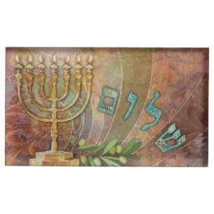 Shalom Menorah Olive Branch Hebrew Place Card Holder