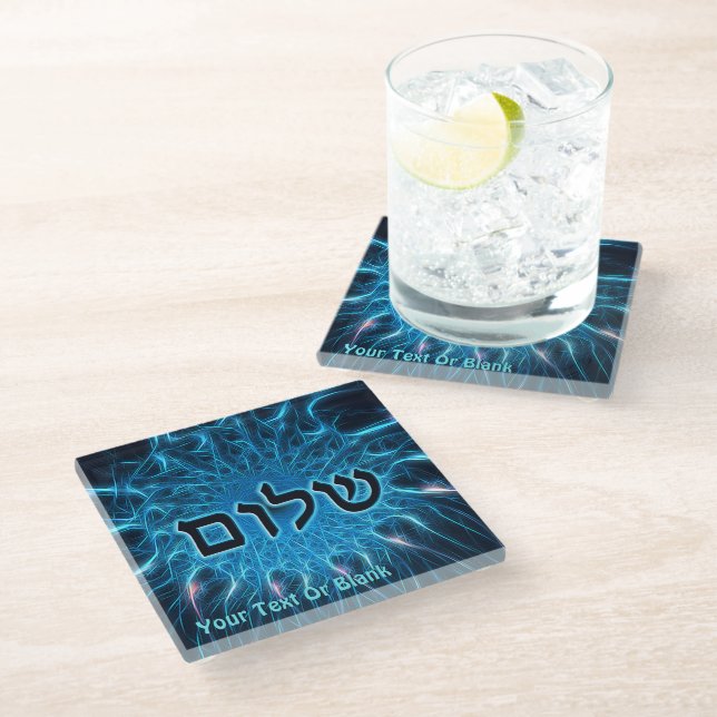 Shalom On Blue Fractal Glass Coaster (Angled)