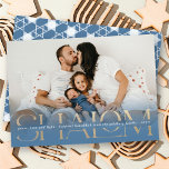 Shalom Peace Love Light Modern Hanukkah Photo Card<br><div class="desc">A modern minimalist and unique holiday card featuring a full bleed photo with a blue tint gradient partial transparent photo overlay. A large faux gold foil festive greeting 'SHALOM' in classic serif typography is printed on top. A narrow blank space runs through the middle of this the big text along...</div>