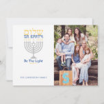 Shalom Peace on Earth Hanukkah<br><div class="desc">Be the light! Send this card to friends and family this holiday, and warm their spirits with light. Silver menorah with blue and gold text of Shalom (in Hebrew) on Earth. Easy to customize with your name and photo. Easy to customize with text, fonts, and colors. Created by Zazzle pro...</div>