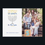 Shalom Peace on Earth Hanukkah Cards<br><div class="desc">Be the light! Send this card to friends and family this holiday, and warm their spirits with light. Silver menorah with blue and gold text of Shalom (in Hebrew) on Earth. Easy to customize with your name and photo. Easy to customize with text, fonts, and colors. Created by Zazzle pro...</div>