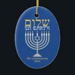 Shalom Peace on Earth Hanukkah Holiday Photo Ceramic Ornament<br><div class="desc">Shalom Peace on Earth Hanukkah Holiday Photo Ornament - the perfect complement for your interfaith family! Festive Hanukkah blue with an elegant silver menorah and gold Hebrew Shalom - Peace on Earth! Easy to customize with text, fonts, and colors. Created by Zazzle pro designer BK Thompson exclusively for Kate’s Creations;...</div>