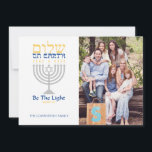 Shalom Peace on Earth Messianic Hanukkah<br><div class="desc">Be the light! Send this card to friends and family this holiday, and warm their spirits with light. Silver menorah with blue and gold text of Shalom (in Hebrew) on Earth. Easy to customize with your name and photo. Easy to customize with text, fonts, and colors. Created by Zazzle pro...</div>