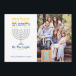 Shalom Peace on Earth Messianic Hanukkah Cards<br><div class="desc">Be the light! Send this card to friends and family this holiday, and warm their spirits with light. Silver menorah with blue and gold text of Shalom (in Hebrew) on Earth. Easy to customize with your name and photo. Easy to customize with text, fonts, and colors. Created by Zazzle pro...</div>