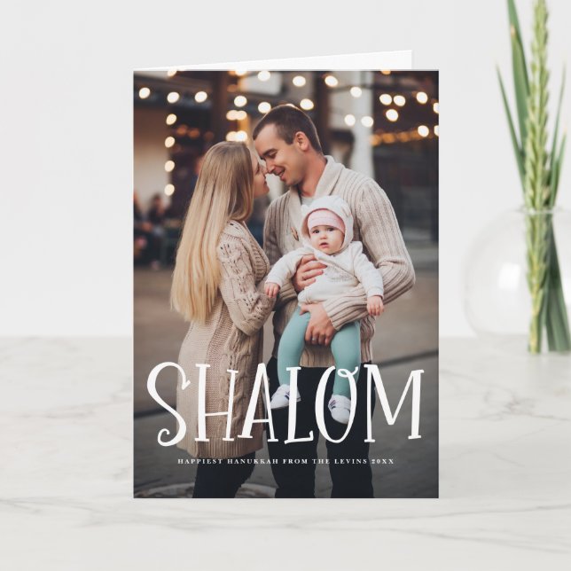 Shalom White Lettering Overlay Happy Hanukkah Holiday Card (Front)