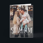 Shalom White Lettering Overlay Happy Hanukkah Holiday Card<br><div class="desc">Happy Hanukkah! Send holiday wishes and greetings to family and friends with this photo holiday card featuring 'Shalom' overlay. Personalize by adding names,  message and photos. This design is available as a flat card,  folded card and postcard.</div>