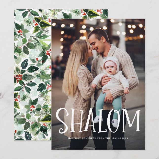 Shalom White Lettering Overlay Photo Hanukkah Holiday Card (Front/Back)