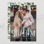 Shalom White Lettering Overlay Photo Hanukkah Holiday Card<br><div class="desc">Happy Hanukkah! Send holiday wishes and greetings to family and friends with this photo holiday flat card. It features 'Shalom' overlay and watrcolor foliage and red berries pattern. Personalize by adding names,  message and photos. This design is available as a flat card,  folded card and postcard.</div>