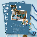 Shalom White Star Of David 3 Photo Simple Hanukkah Holiday Card<br><div class="desc">This modern minimalist Hanukkah card features the greeting 'Shalom' in a trendy handwriting script. A white Star Of David symbol sits on the center top with 3 Instant photo collage layout. A short holiday wish and the family name sign-off are placed at the bottom of the card. Star of David...</div>