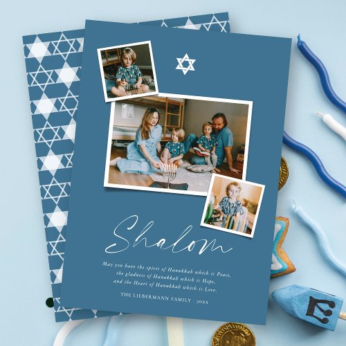 Shalom White Star Of David 3 Photo Simple Hanukkah Holiday Card