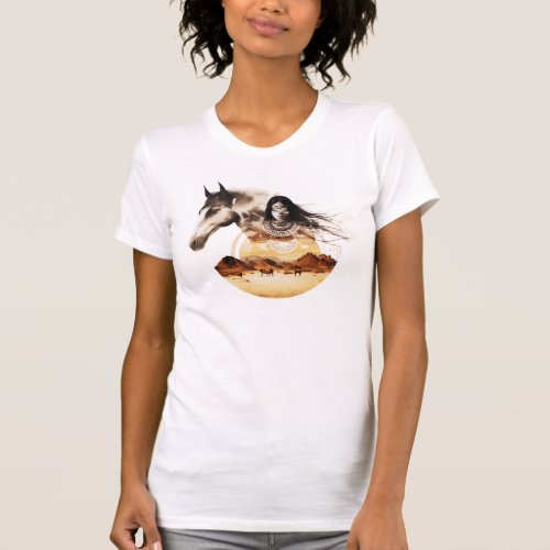 Shamanic girl with horse on the desert T_Shirt