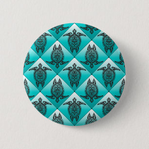 Shamanic Sea Turtles Pattern - cyan Pinback Button