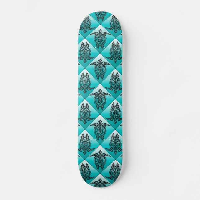 Shamanic Sea Turtles Pattern - cyan Skateboard Deck (Front)