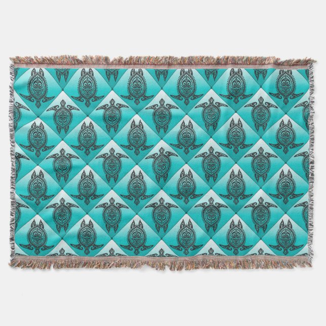 Shamanic Sea Turtles Pattern - cyan Throw Blanket (Front)