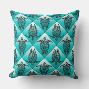 Shamanic Sea Turtles Pattern - cyan Throw Pillow