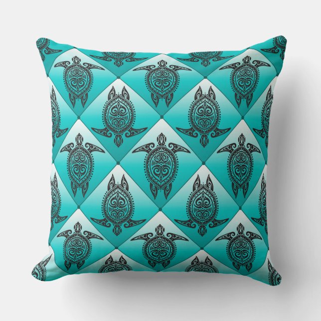 Shamanic Sea Turtles Pattern - cyan Throw Pillow (Front)