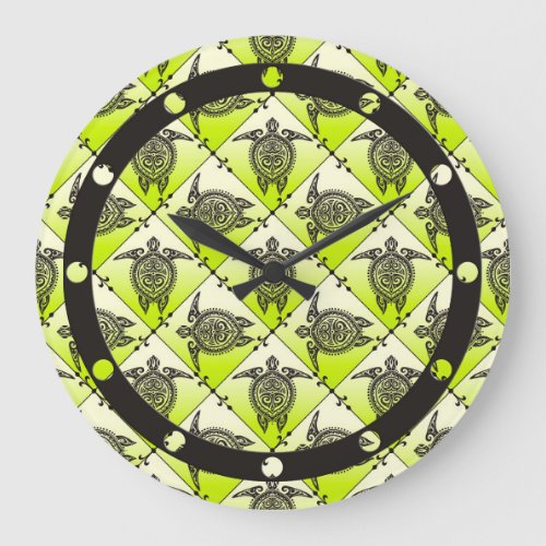 Shamanic Sea Turtles Pattern _ green Large Clock