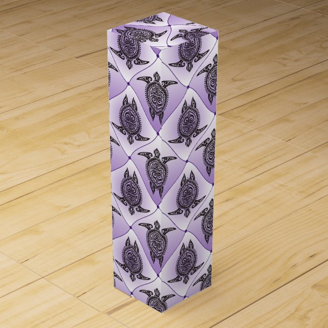 Shamanic Sea Turtles Pattern - violet vertical Wine Gift Box (Front)
