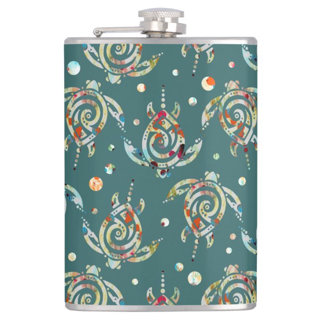 Shamanic Sea Turtles Pattern + your backgr. color Hip Flask (Front)