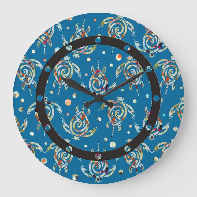 Shamanic Sea Turtles Pattern + your backgr. color Large Clock (Front)