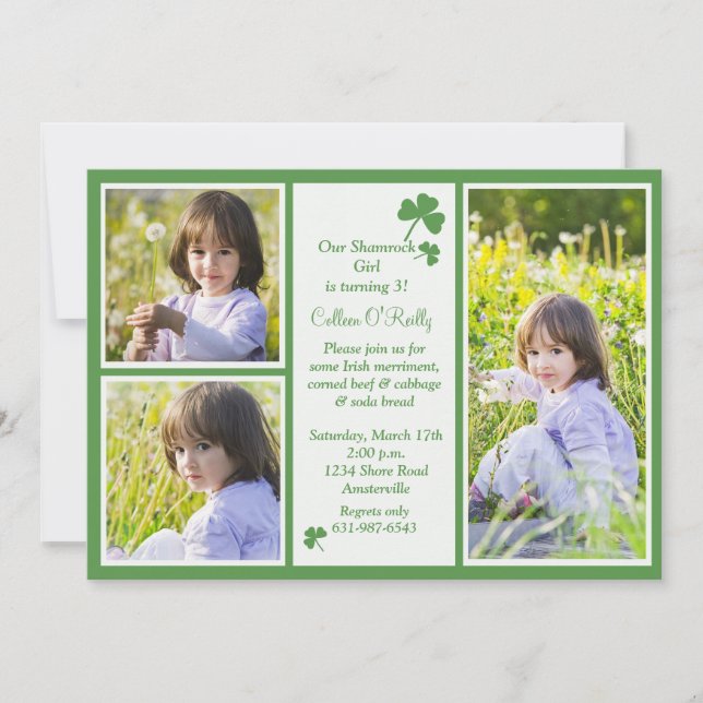 Shamrock 3-Photo Birthday Party Invitation (Front)