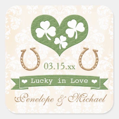 Shamrock and Horseshoe Lucky in Love Wedding Square Sticker