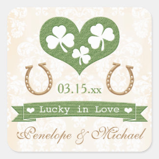 Shamrock and Horseshoe Lucky in Love Wedding Square Sticker