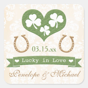 Shamrock and Horseshoe Lucky in Love Wedding Square Sticker