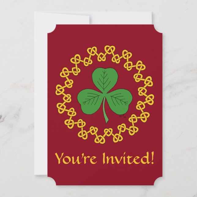 Shamrock and Knotwork on Red Invitation (Front)