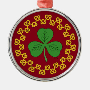 Shamrock and Knotwork on Red Metal Ornament
