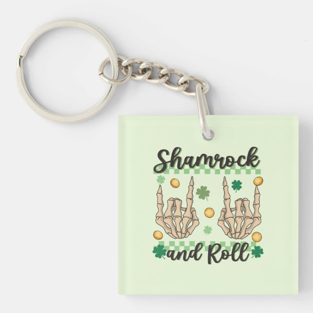 Shamrock and Roll Hand Skeleton Keychain (Front)
