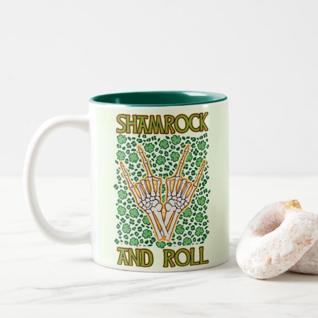 Shamrock And Roll St Patrick's Day Two-Tone Coffee Mug (With Donut)