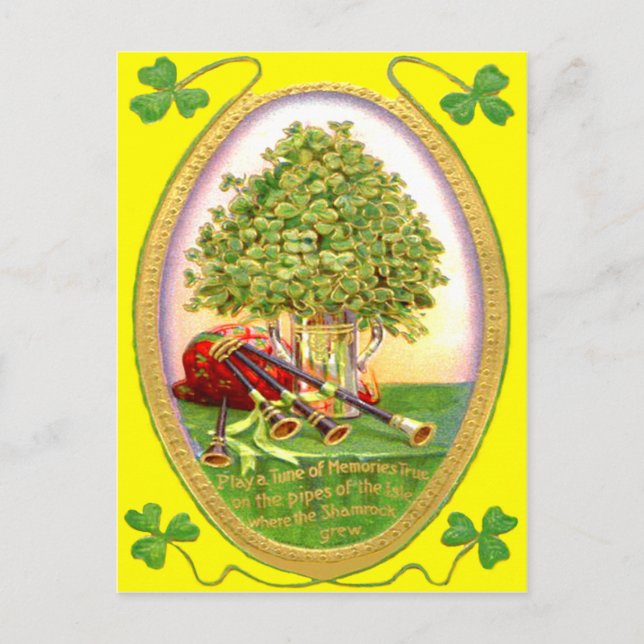 Shamrock Bagpipes Gold Green Postcard (Front)