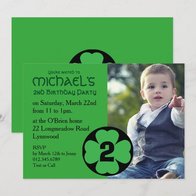 Shamrock Birthday Party Invitation with Photo (Front/Back)