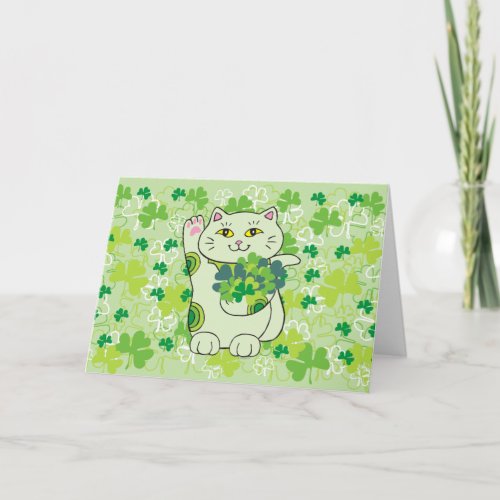 Shamrock Bouquet Maneki Neko Lucky Cat Card