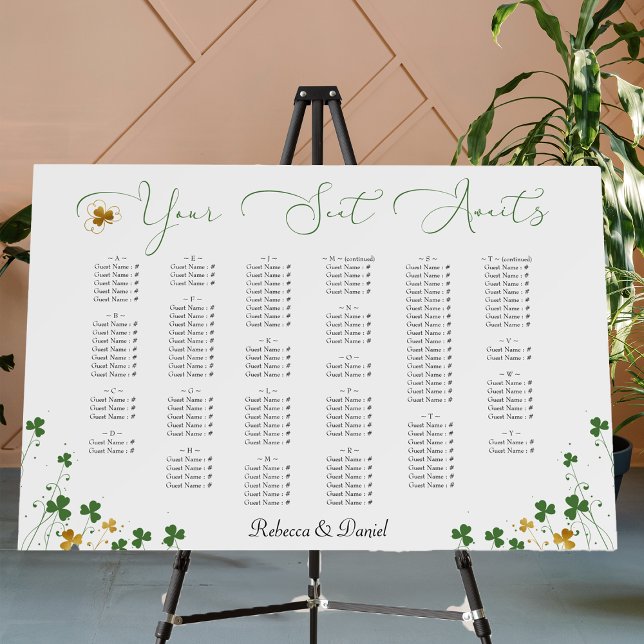Shamrock Calligraphy Irish Wedding Seating Chart Foam Board (Wedding Reception Seating Chart from my Shamrock Wildflower Collection)