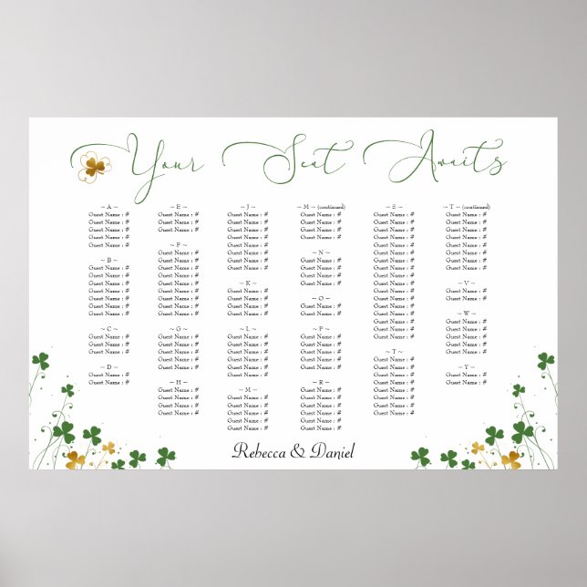 Shamrock Calligraphy Irish Wedding Seating Plan Poster (Front)