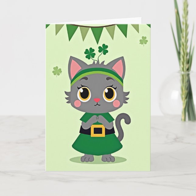 Shamrock Cat Green Dress Card (Front)