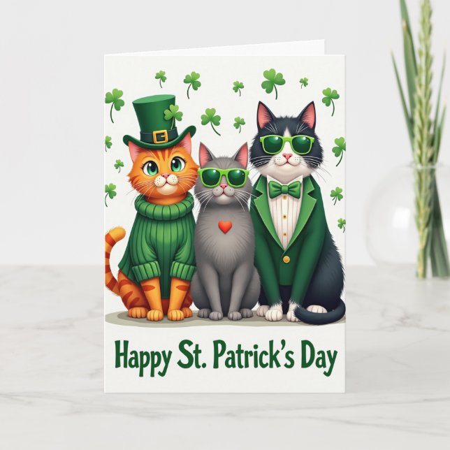 Shamrock Cats Fun Holiday Card (Front)