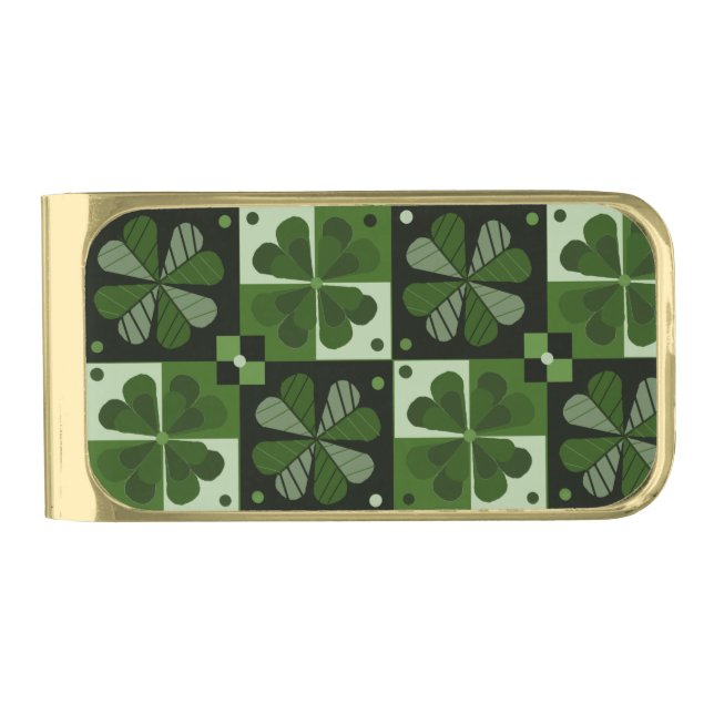 Shamrock Checkerboard Gold Finish Money Clip (Front)