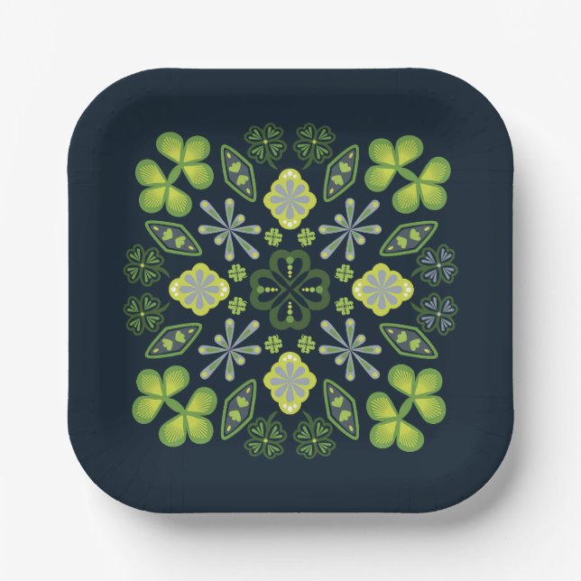Shamrock Clover Floral Mandala Blue Paper Plates (Front)