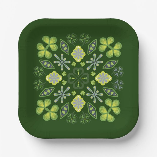 Shamrock Clover Floral Mandala Green Paper Plates (Front)