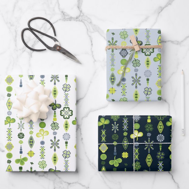 Shamrock Clover Floral Minimalist Blue Wrapping Paper Sheets (Front)