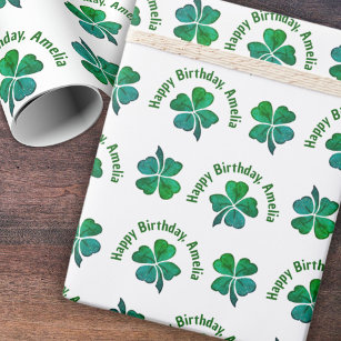 Shamrock Clover Green Happy Birthday Wrapping Paper