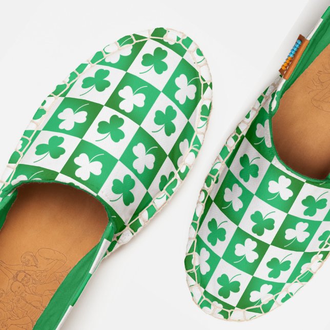 Shamrock Clover Green White Checker Board Fun Cool Espadrilles (Creator Uploaded)