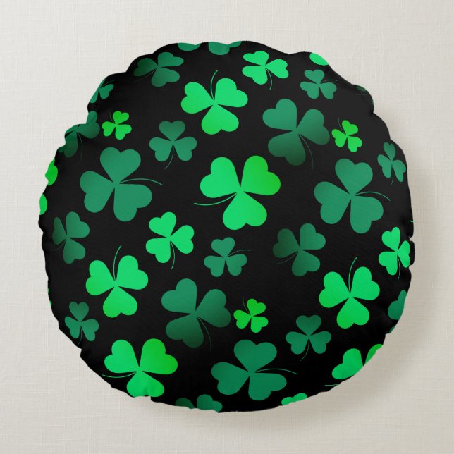 Shamrock Clover Ireland Irish Modern Green & Black Round Pillow (Front)