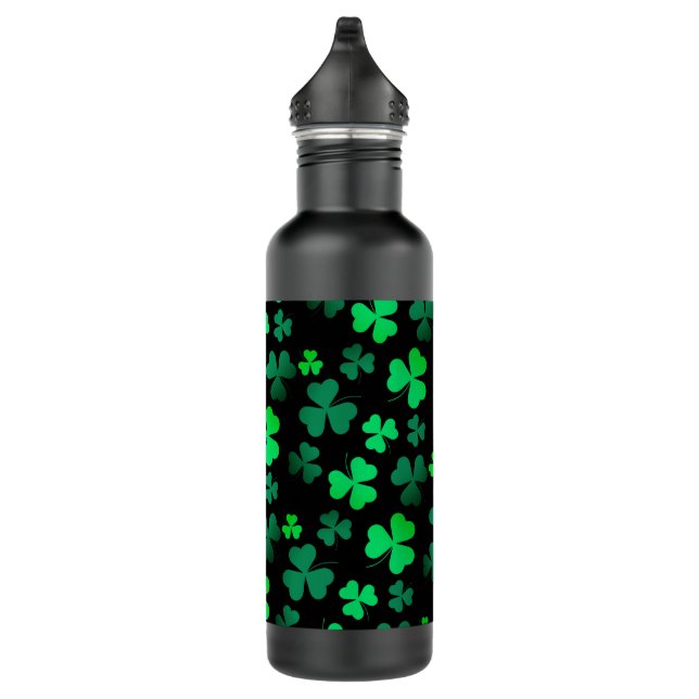 Shamrock Clover Ireland Irish Modern Green & Black Stainless Steel Water Bottle (Right)